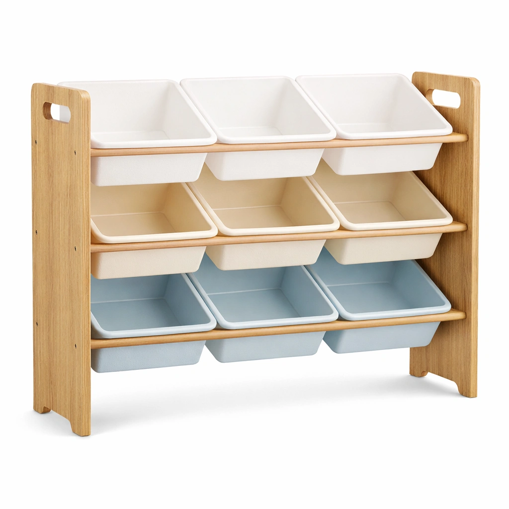 Organizador infantil de madera con bandejas extraibles en tonos suaves-cozanoe